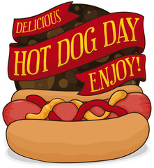 Button with Ribbons and Hot Dog to Celebrate its Day, Vector Illustration