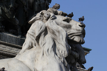 Group of Pigeons on The marvellous lion statue at Piazza Duomo of Milano Italy, dirty from bird pooping shit on attractive sculpture art, travel destination backgrounds