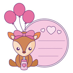 cute little reindeer baby in card with balloons helium