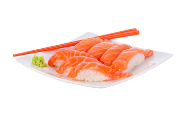 Fresh japanese salmon sushi on white.