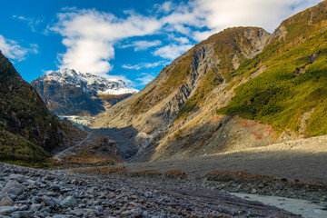 Fox glacier at new zealand. High mountains in valleys and glaciers in the morning with beautiful...