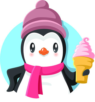 Cartoon Penguin Holding Delicious Ice Cream