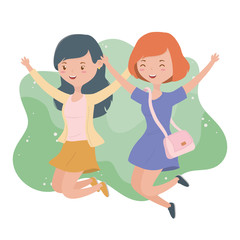 happy young women celebrating jumping characters