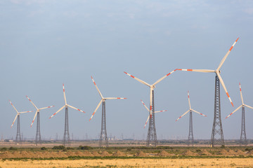 Fototapeta premium Wind generators in the background in Azerbaijan. Nature ecology concept.