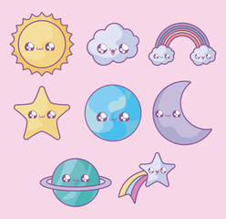 set of cute stars with icons kawaii style