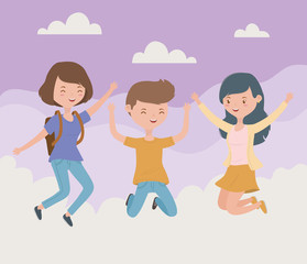 happy friends celebrating jumping in sky scene