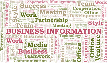 Business Information word cloud. Collage made with text only.