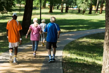 Fotobehang back view of retired multicultural pensioners in sportswear walking in walkway in park © LIGHTFIELD STUDIOS