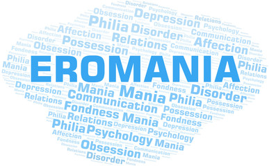 Eromania word cloud. Type of mania, made with text only.