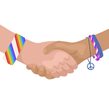 Vector flat illustration of shaking hands with rainbow bracelets. International Friendship Day. Unity and recognition. Modern style cartoon picture for cards, invitations, banners and your creativity