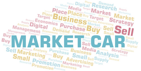 Market Car word cloud. Vector made with text only.