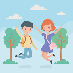 Obraz na płótnie Canvas happy couple celebrating jumping in the forest scene