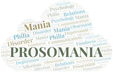 Prosomania word cloud. Type of mania, made with text only.