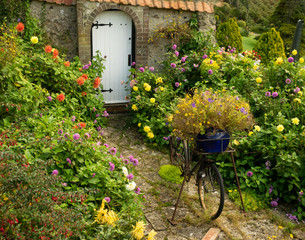 Fototapeta na wymiar English cottage garden with wall and arched gate and old bicycle