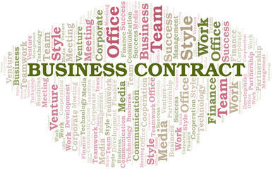 Business Contract word cloud. Collage made with text only.