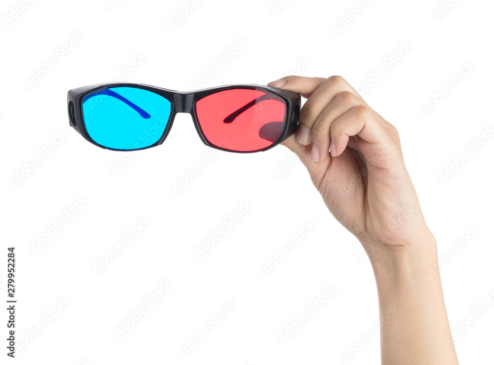 Wall mural Hand holding 3D glasses isolated on a white background