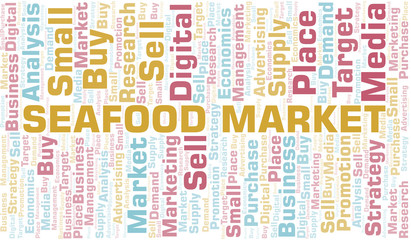 Seafood Market word cloud. Vector made with text only.