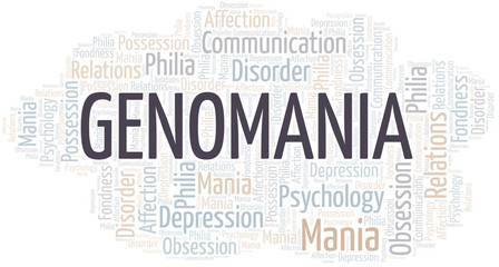 Genomania word cloud. Type of mania, made with text only.