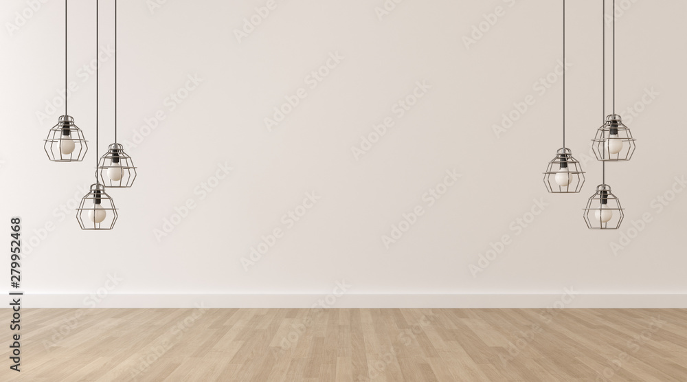 Poster mock up of white living room in minimal style frame with hanging lamp on wood laminate floor.perspec