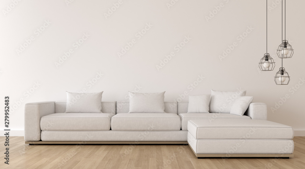 Poster View of white living room in minimal style with sofa and small side table on wood laminate floor.Perspective of Scandinavian interior with hanging lamp design. 3d rendering.	