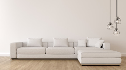 View of white living room in minimal style with sofa and small side table on wood laminate floor.Perspective of Scandinavian interior with hanging lamp design. 3d rendering.  © nuchao