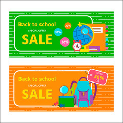 Set of vector discount vouchers with School Supplies. Back to school concept. Vector  illustration can use for gift card, coupon and certificate, posters or banners, flyers and shopping.