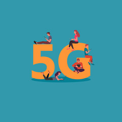 Flat people with gadgets sitting on the big 5G symbol. Vector illustration with young men and women using high speed wireless connection 5G via mobile devices.