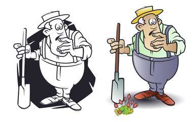 Funny little men. Puzzled Senior man with shovel. Gardening in garden.