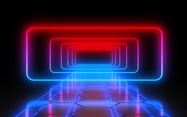 3D  abstract tunnel with neon lights. 3d illustration