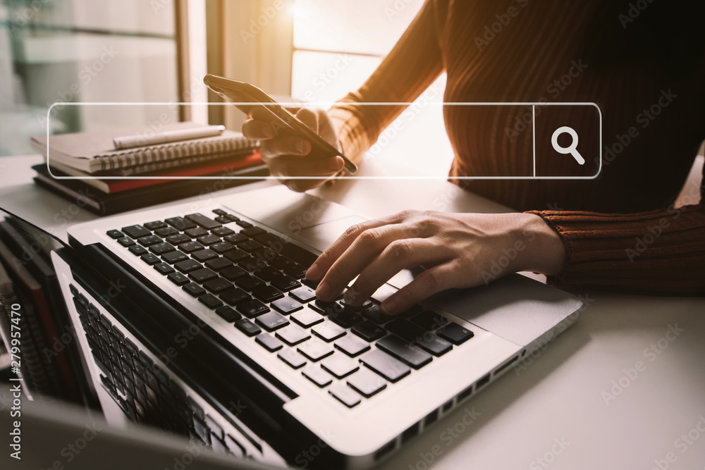 Poster searching browsing internet data information with blank search bar.businessman working with smart ph