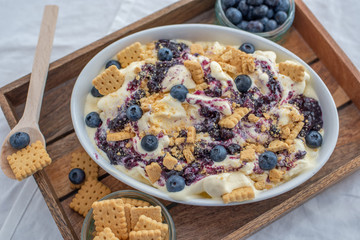 home made vanilla cheesecake ice cream with blueberries and cookies on a old table