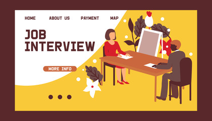 HR interview, talking with a job applicant vector web template. Male recruiter holds a corporate meeting with young girl hired, reading an employee curriculum vitae, job interview.