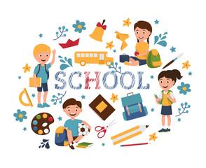 Back to school pupils vector illustration isolated on white. Boys and girls on the first day of school. Children with student bags and books. Cartoon character. Happy smiling pupils kids.