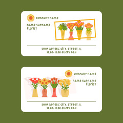 Florists and flower shop vector illustration for visiting card. Cartoon isolated flowers and plants set. Floristic compositions in pots and vases.