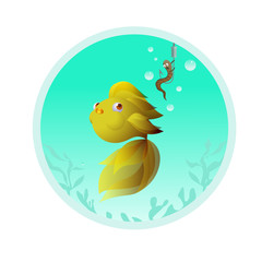 Vector illustration of Golden fish and hook with worm in aquarium, under water, bubbles and underwater plants on white background. Fishing. Icon, symbol, cartoon style.