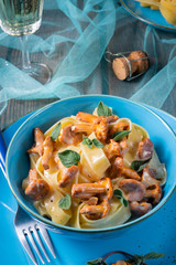 pappardelle with cheese sauce and fresh chanterelles