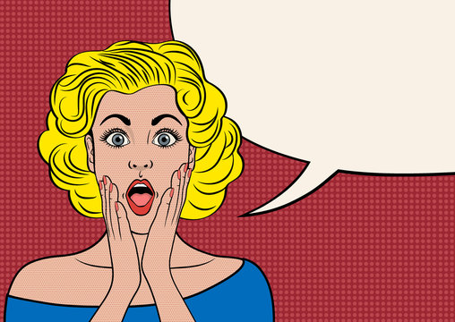 Beautiful retro girl surprised retro woman. Empty speech bubble. Vintage advertising poster template. Empty text box in the form of speech. Vector illustration in pop art style