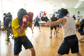 Fighters exercising with sparring partners