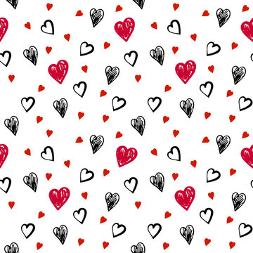Seamless texture of hand drawn hearts. Wallpaper with the image of red and black elements. Vector illustration 