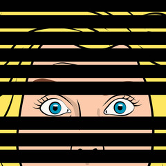 Pop art girl spies through the crack of blinds. Women's eyes. Advertising poster. Top secret. Vector illustration in comic style