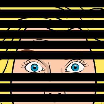 Pop art girl spies through the crack of blinds. Women's eyes. Advertising poster. Top secret. Vector illustration in comic style