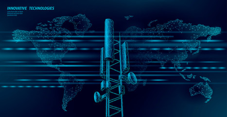 3d base station receiver. telecommunication tower 4g polygonal design global connection information transmitter. Mobile radio antenna cellular vector illustration - obrazy, fototapety, plakaty