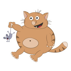 Fototapeta premium Funny cartoon red cat sits, smiles and holds in his paw a mouse.