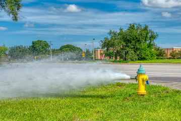 Open fire hydrant gushing water near highway.