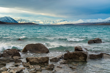 Panorama views on Lake Tekapo are great and beautiful nature, Canterbury, New Zealand.