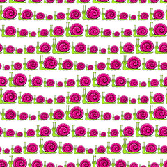 Seamless texture of a cheerful snail on a white background. Perfect for kids fabric, textile, nursery wallpaper. Vector illustration in cartoon style