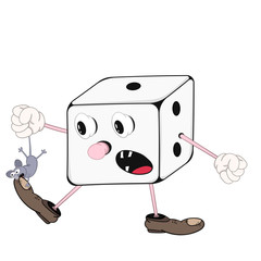 Funny cartoon dice game with eyes, arms and legs holding a little mouse in its hand that bites the shoe