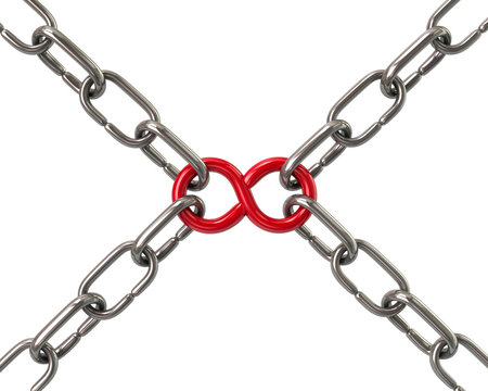 Red infinity symbol in chains 3d illustration