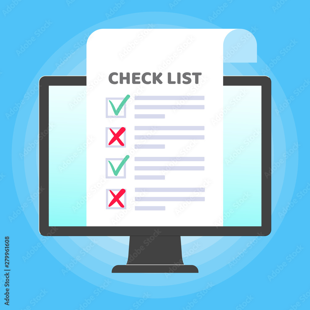 Poster monitor or all in one pc flat design with paper sheet, check list with check marks tick, crosses x i