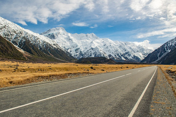 Fototapeta na wymiar View from the side of the road in the National Park area, Mount Cook Rd, New Zealand
